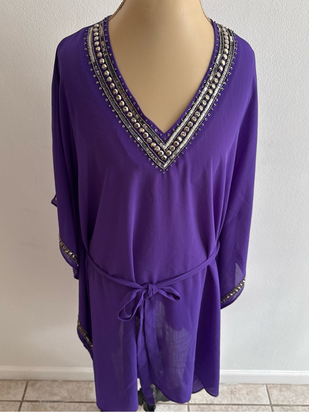 Chico's Beaded V-Neck Purple Mini Dress